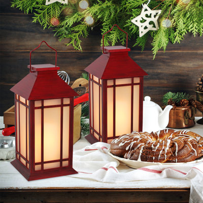 2 - Pack Red Christmas Lanterns With Timer & Flickering Flame,portable Handle,decorative Lanterns,for Indoor/outdoor Holiday Decor,christmas Decor