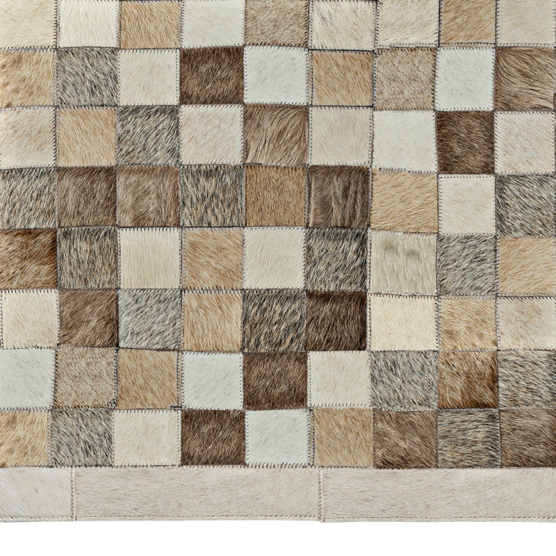 Tapis géométrique en cuir fabriqué à la main ivoire / gris / brun Hera, Rectangle de 10 pi x 14 pi