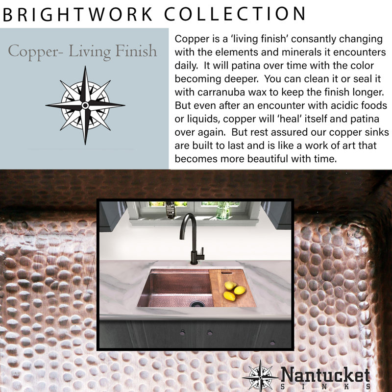 Brightwork 32 in. L Stainless Steel Undermount Single Basin Kitchen Sink, Copper