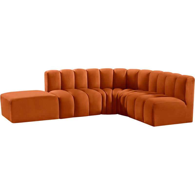 Isleen Upholstered Curved Sectional with Ottoman Reversible, Cognac Velvet