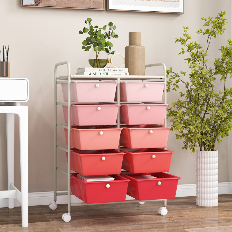 Tiroir de rangement à 10 tiroirs avec roues verrouillables Milin, Rose