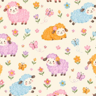 Papier peint adhésif amovible à motifs floraux (moutons roses, papillons, fleurs pastel, bleu, orange, bohème, beige) - Décoration murale pour chambre, cuisine et placards - 45 cm x 300 cm
