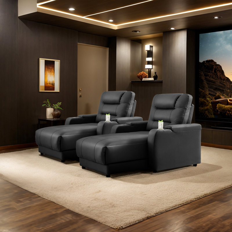 Modern Electric Power Upholstered Reclining Home Theater Seating with Adjustable Backrests, Wireless Charging & Cup Holder – Faux Leather(Set of 2)