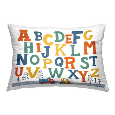 Coussin décoratif imprimé Alphabet & Construction Camions par Diane Labombarbe