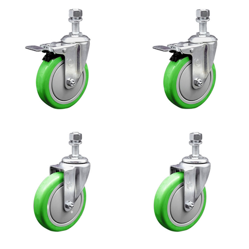 5 Inch SS Green Polyurethane ½ Inch Threaded Stem Caster Set 2 Total Lock Brake