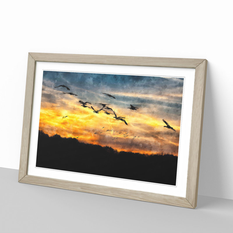 Geese at Sunset - Picture Frame Painting, 48cm H x 65cm W x 2cm D, Oak Framed
