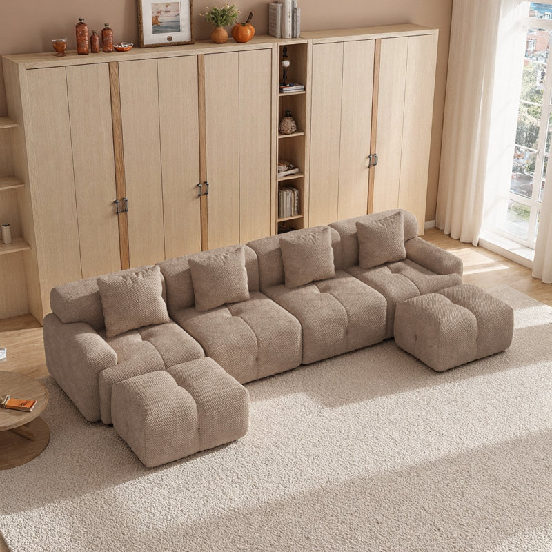 Canapé-lit modulaire en forme de U 135,4 po avec 2 repose-pieds et 4 coussins en tissu taupe, Polyester taupe