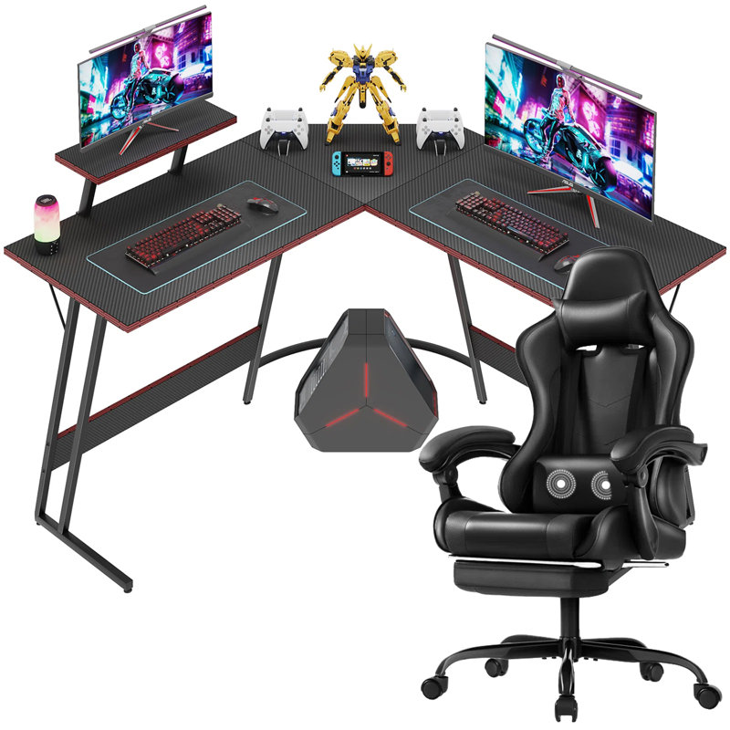 L Shaped Gaming Computer Desk with Adjustable Game Chair, Black