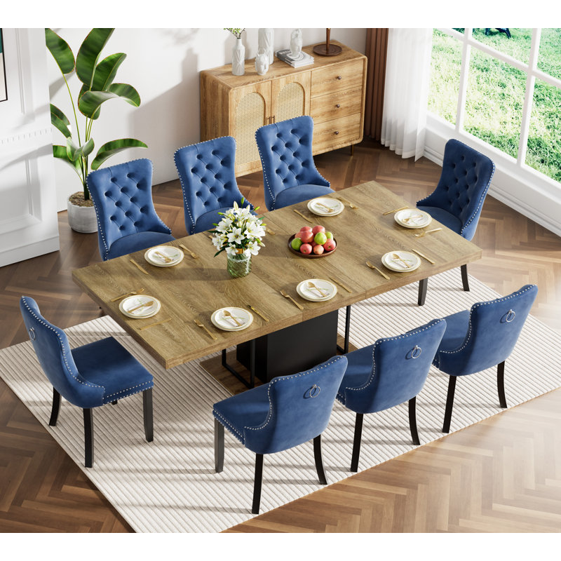 62.99" -78.74" Extendable Dining Table Set, Brown&Black Dining Room Table & Velvet Dining Chairs with Wood Leg, Rustic Kitchen Dining Table and Chairs Set, Modern Dining Table Set