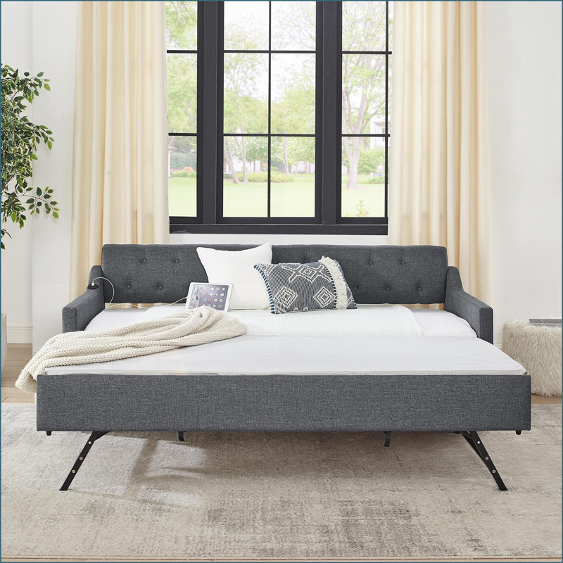 Daybeds  Mid-Century for Sleepovers with Erectable Trundle, USB Charging | Linen Dark Gray, Dark Gray