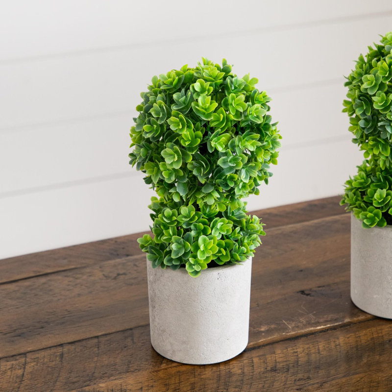 9 po Mini topiaire artificielle en forme de boule d'eucalyptus en pot de ciment - ensemble de 2