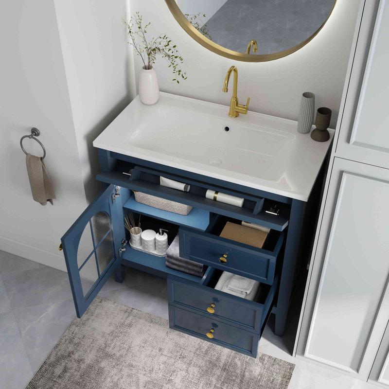 Meuble-lavabo de salle de bain 35,6 po Mid-Century avec verre à motif et bande lumineuse à capteur de mouvement, meuble-lavabo sur pied Farmhouse