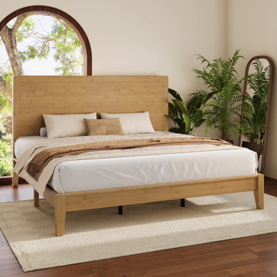 Handcrafted Japanese Joinery Solid Wood Platform Bed Frame with Headboard and Wooden Slats