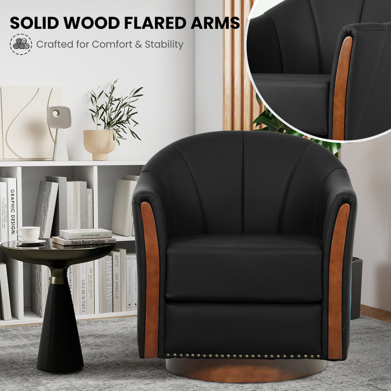 28"W Modern Vegan Leather Swivel Barrel Chair with Solid Wood Base, Black