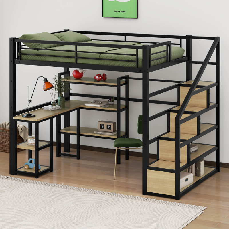Lit mezzanine double en métal avec escalier, bureau intégré et tablettes, Noir