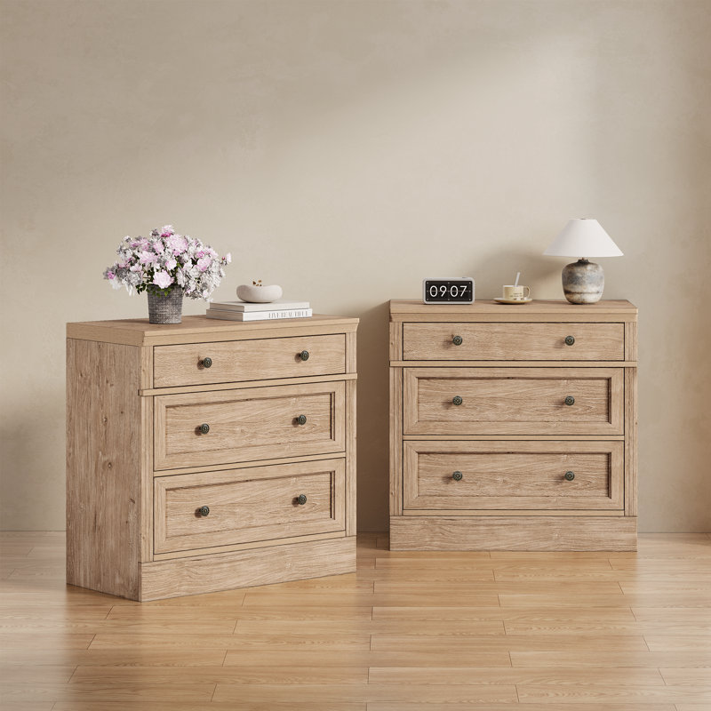 Retro Elegant Oversized 3-drawer Nightstand（set Of 2）, Natural