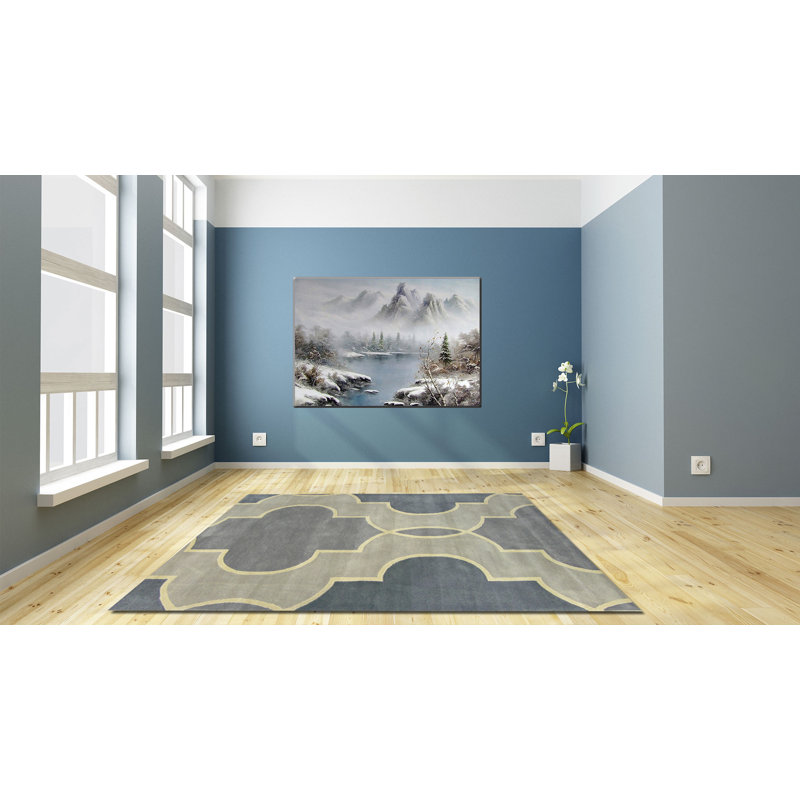 Tapis décoratif gris en laine Touffeté à la main à motif géométrique Wiener, Carré 1 pi 6 po