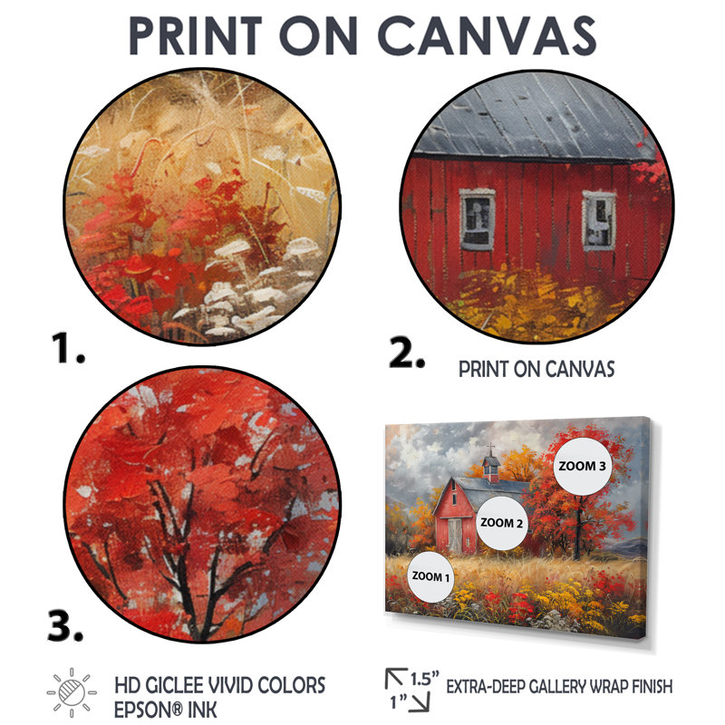Automne rouge grange brise I - impressions encadrées de grange, Toile avec cadre flottant brun, H 28 po x l 60 po x P 1,5 po