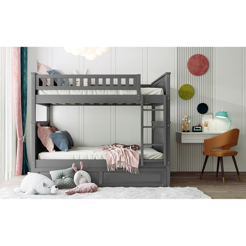 Lit superposé double au-dessus de double avec lit gigogne simple, lit superposé en bois de pin avec garde-corps, Gris