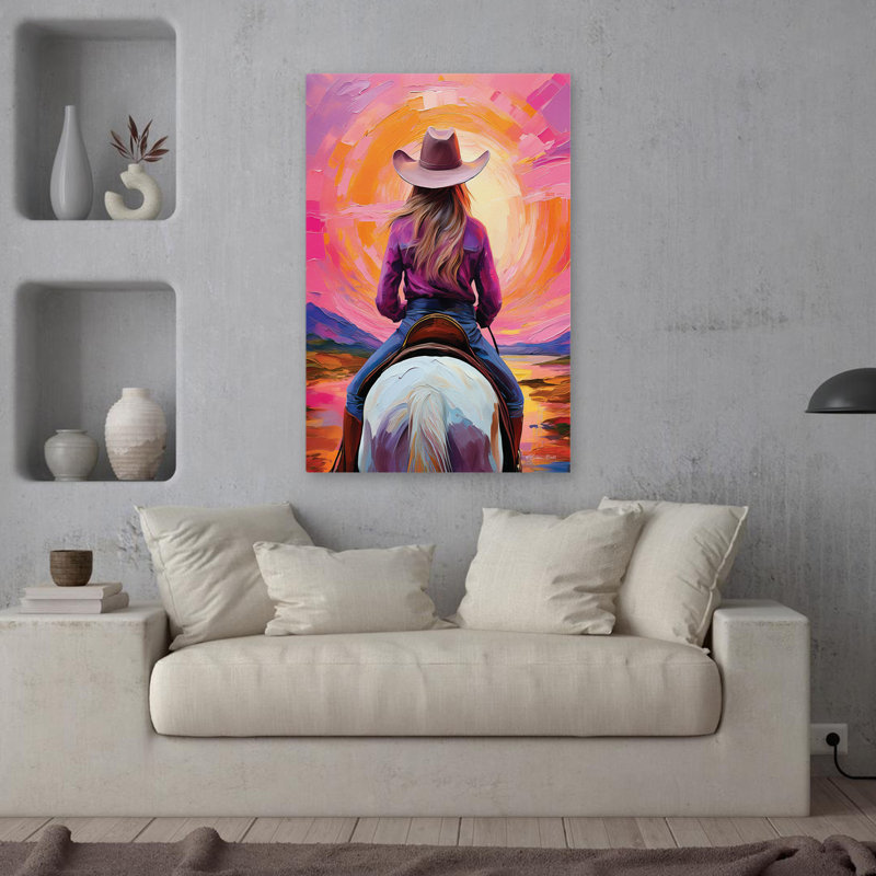 «Riding Into The Sunset» - art contemporain d'un chapeau de cowboy, H 36 po x l 24 po