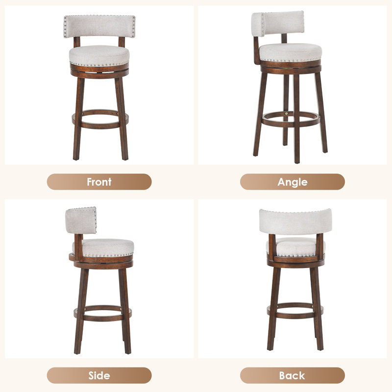 Tabouret de bar et de comptoir pivotant à 360 ° avec structure, dossier et repose-pieds en bois massif, 3