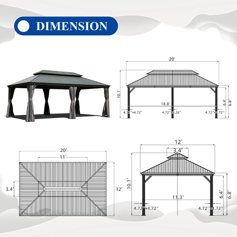 Aluminum Galvanized Steel Patio Gazebo with Double Roof Gray, 20 ft x 12 ft