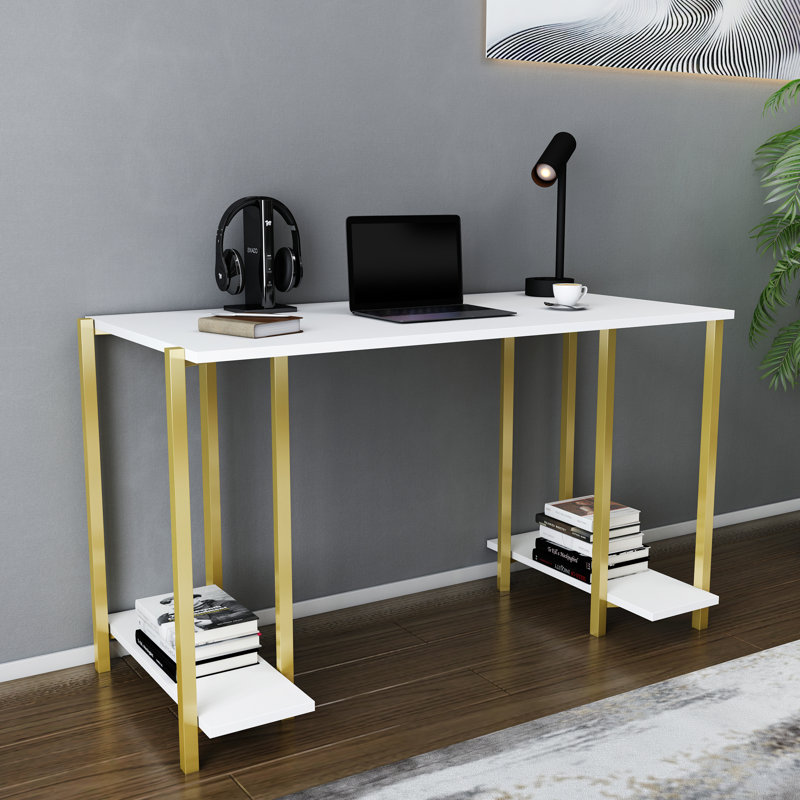 Academy Desk Modular Steel Writing Desk, White/Gold