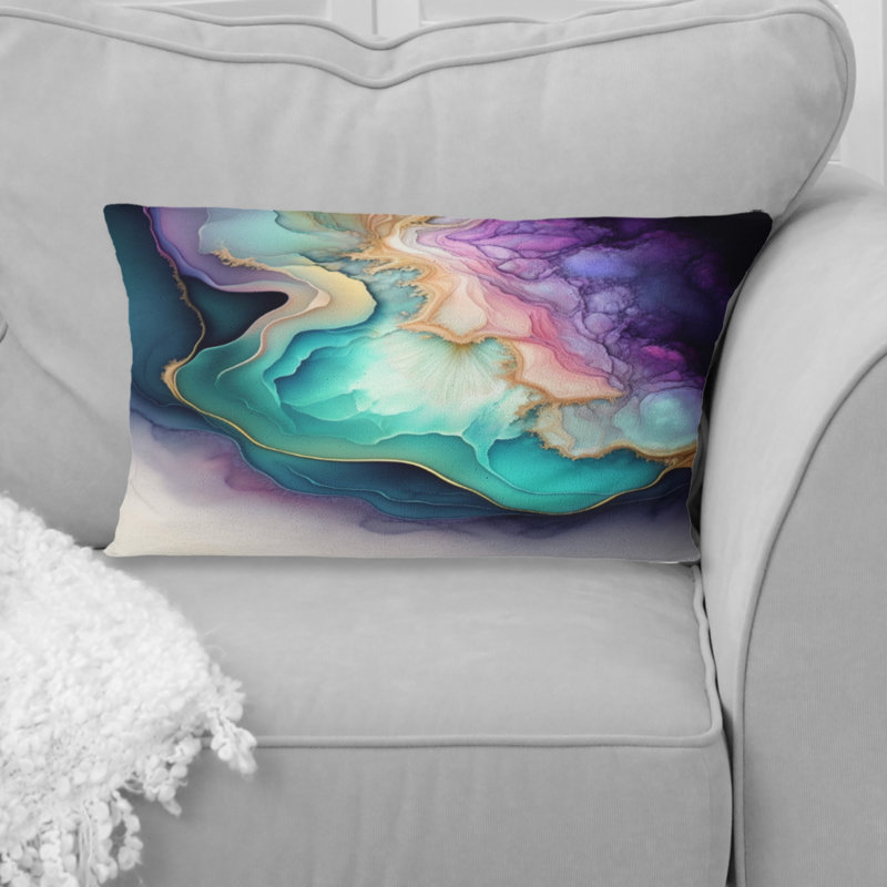 Coussin décoratif à imprimé géométrique abstrait bleu et mauve