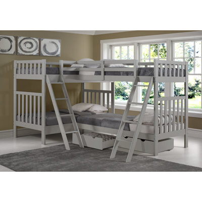 Lit superposé simple en bois Ratcliff avec extension quad, tiroirs de rangement et lits séparés convertibles, pin brésilien durable, conforme aux normes de sécurité, idéal pour les enfants et les adolescents