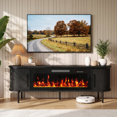 70″ Fluted Fireplace TV Stand, Mid Century Modern TV Stand with 40″ Electric Fireplace for TVs Up to 80", Wooden Curved TV Console with Sliding Doors for Living Room, Black