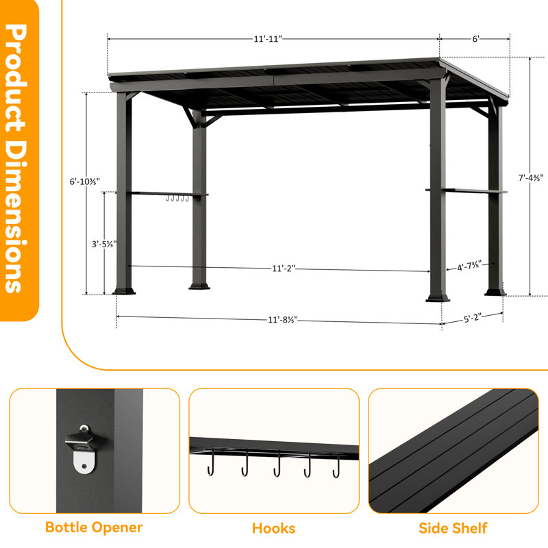 Montauk 6' X 12' Outdoor BBQ Patio Hard Top Grill Gazebo With Slop Roof, Bar Table Counter With Hooks And Opener, Matte Black