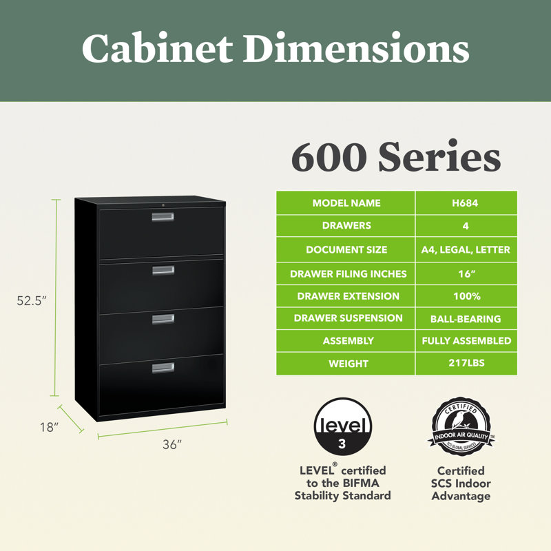 HON Brigade 600 Series Lateral File, 4 Drawers, Aluminum Pull, 36"W, Black, Black