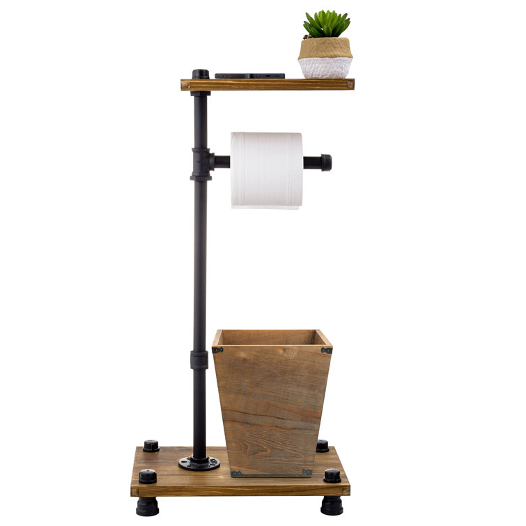 28 in. Freestanding Pipe Toilet Paper Holder with Wood Shelf, Boulder —  PIPE DECOR