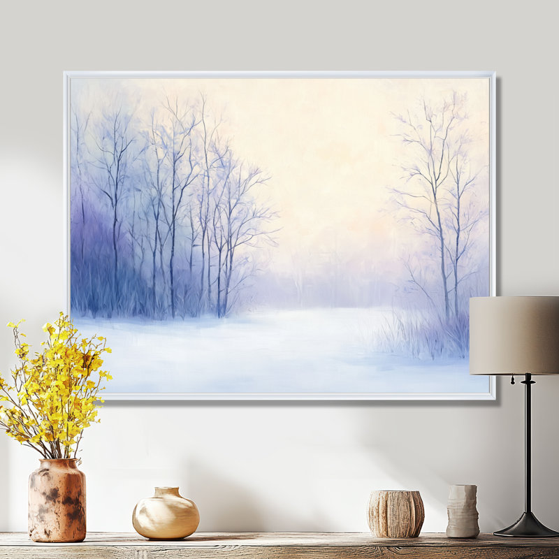 «Frosted Morning by The Winter River I», art mural paysage d'hiver, H 16 po x l 32 po, Blanc