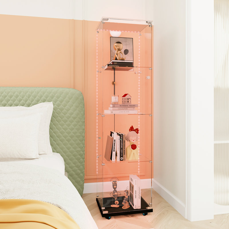 Modern White Tempered Glass Display Cabinet With Bluetooth Led Lights, Smart Motion Sensor, Locking Casters, And Adjustable Shelves