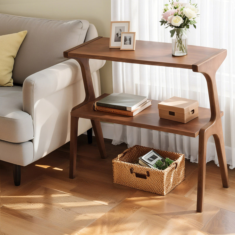 Table de bout en bois massif, table d'appoint à 2 niveaux avec tablette de rangement, Brun rustique