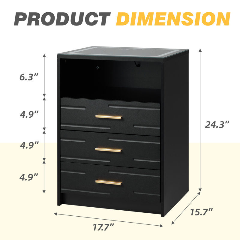  Led Nightstand With Wireless Charging, Smart Bedside Table With Drawers & Usb & Type-c Charging Ports, Black