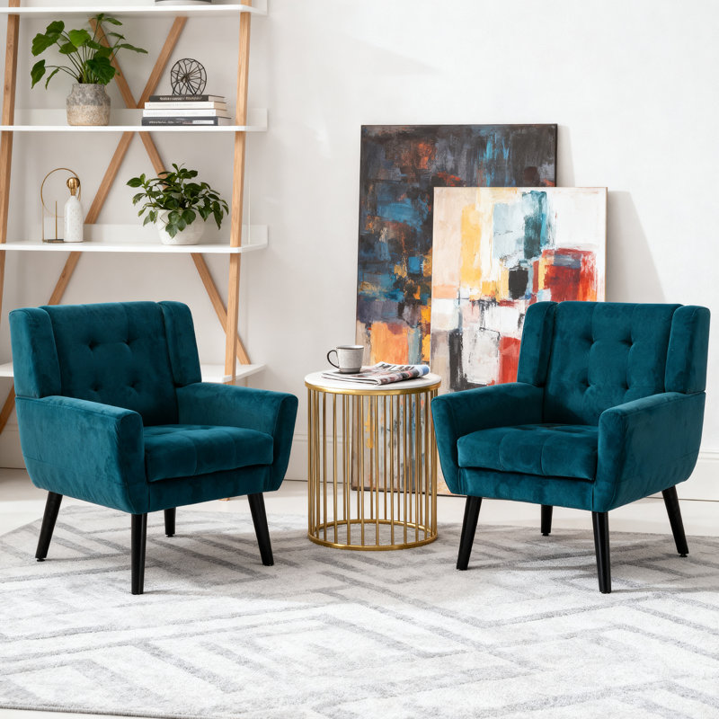 Tufted Upholstered Wide Back Armchair（Set of 2）, Blue Velvet