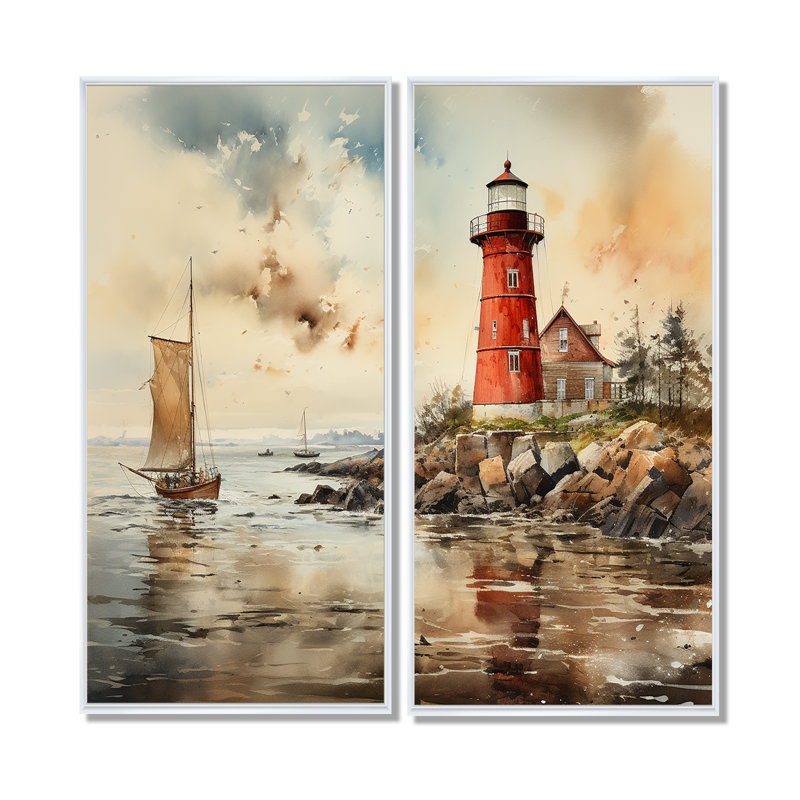 Phare rétro - art mural côtier beige II, 32" H x 32" W, Impression encadrée flottante, White