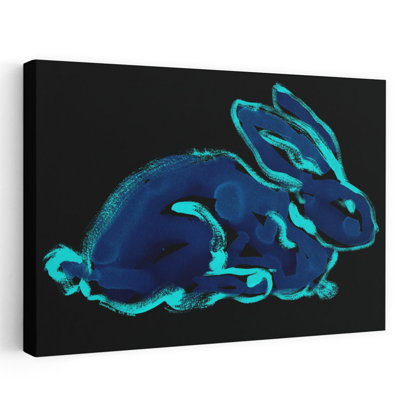 «Blue Rabbit», reproduction d'art mural abstrait forêt minimaliste contemporaine, 12" H x 18" W