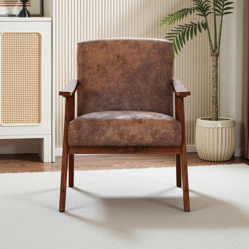 26" Wide Leathaire Fabric Mid Century Upholstered Solid Wood Accent Chairs, Brown, Leathaire Fabric