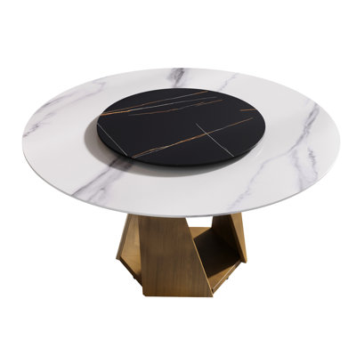 57.81" Round Sintered Stone Dining Table, Bronze Iron Base, 6-8 Diners, 31.5" Black Turntable, White&black Style Modern Surface & Support, Seats, Rotating Plate