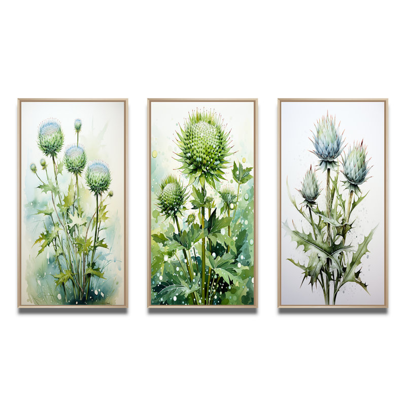 «Green Thistle Majestic Thistle Pointillism», 3 pièces sur toile, Encadré naturel, H 20 po x l 12 po