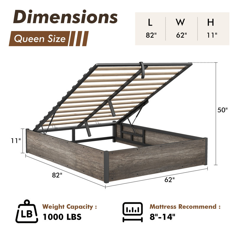 Shila Lift Up Storage Bed, Queen, Gray