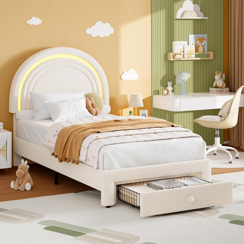 Structure de lit simple tapissier à DEL avec tiroir de rangement et tête de lit arc-en-ciel pour enfants, Beige