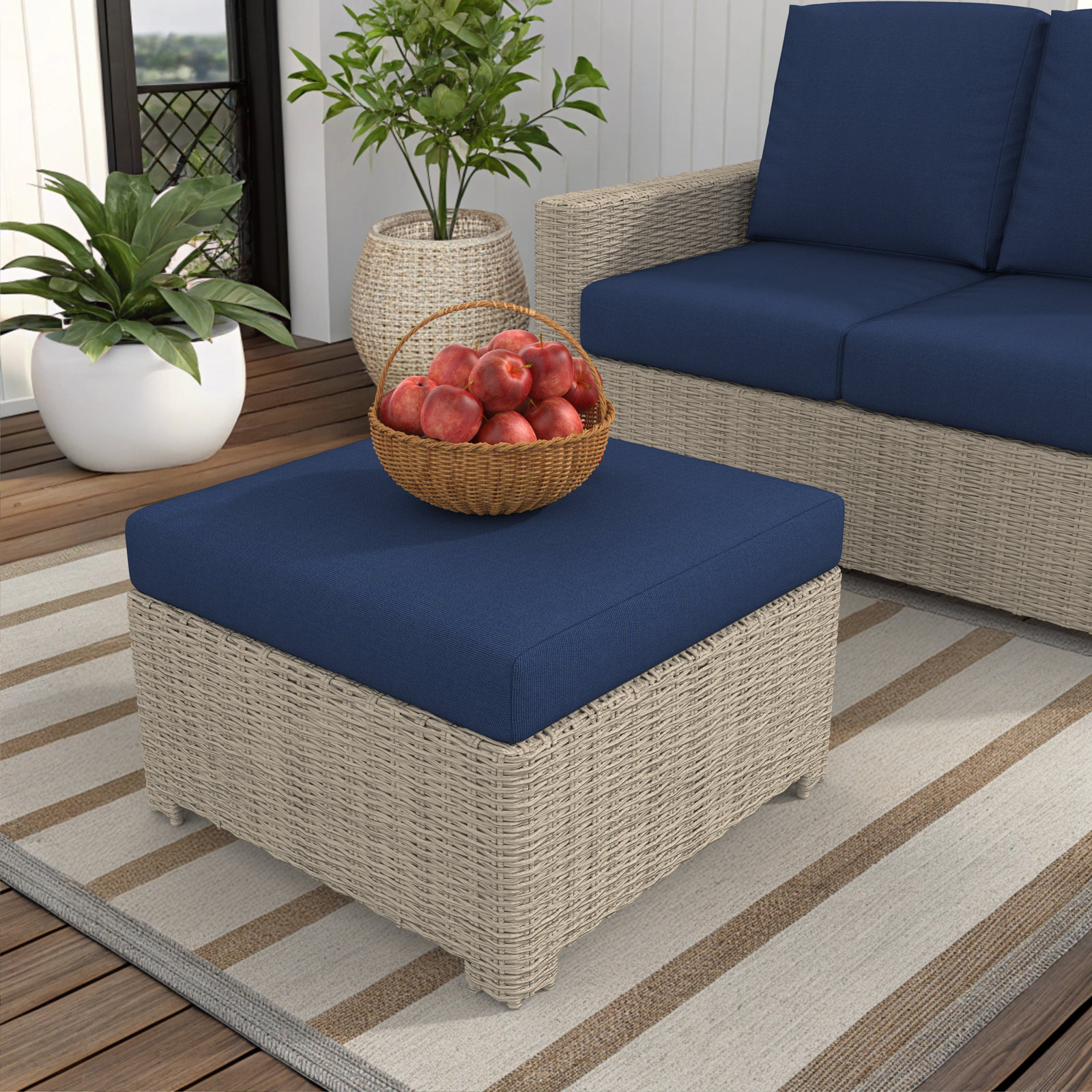 Outdoor Ottoman With Sunbrella Cushions, Canvas Navy