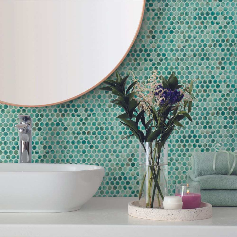 Eterna Penny 12"x12" Recycled Glass Mosaic Tile, Mauna Blis