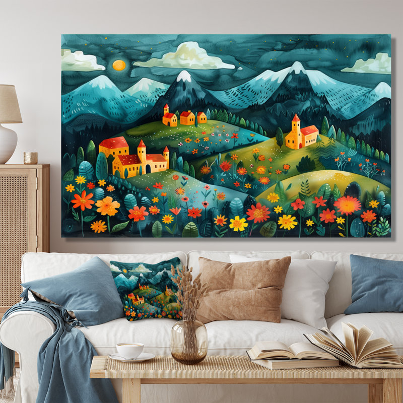 «Blue Red Summer Mountain Village Dream», reproduction d'art mural de ferme, H 40 po x l 60 po, Toile tendue