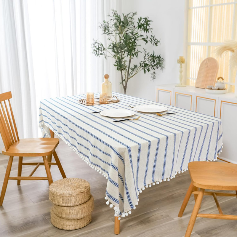 Farmhouse Striped Tablecloths Wrinkle Resistant with Pom Pom Tassel Fall Holiday tablecloths, 84" x 54", Navy