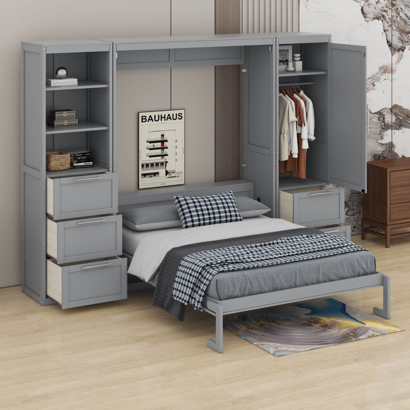 Grand lit escamotable avec tiroirs, Gris